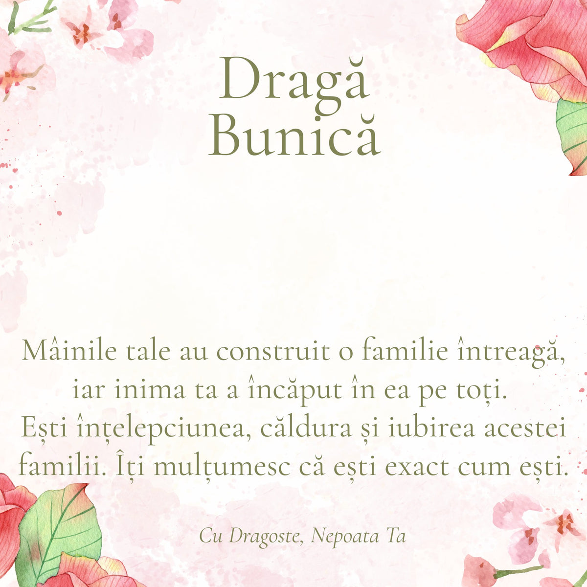 Cardul cu mesaj pentru Bunica Mea, din partea Nepoatei (pătrat)