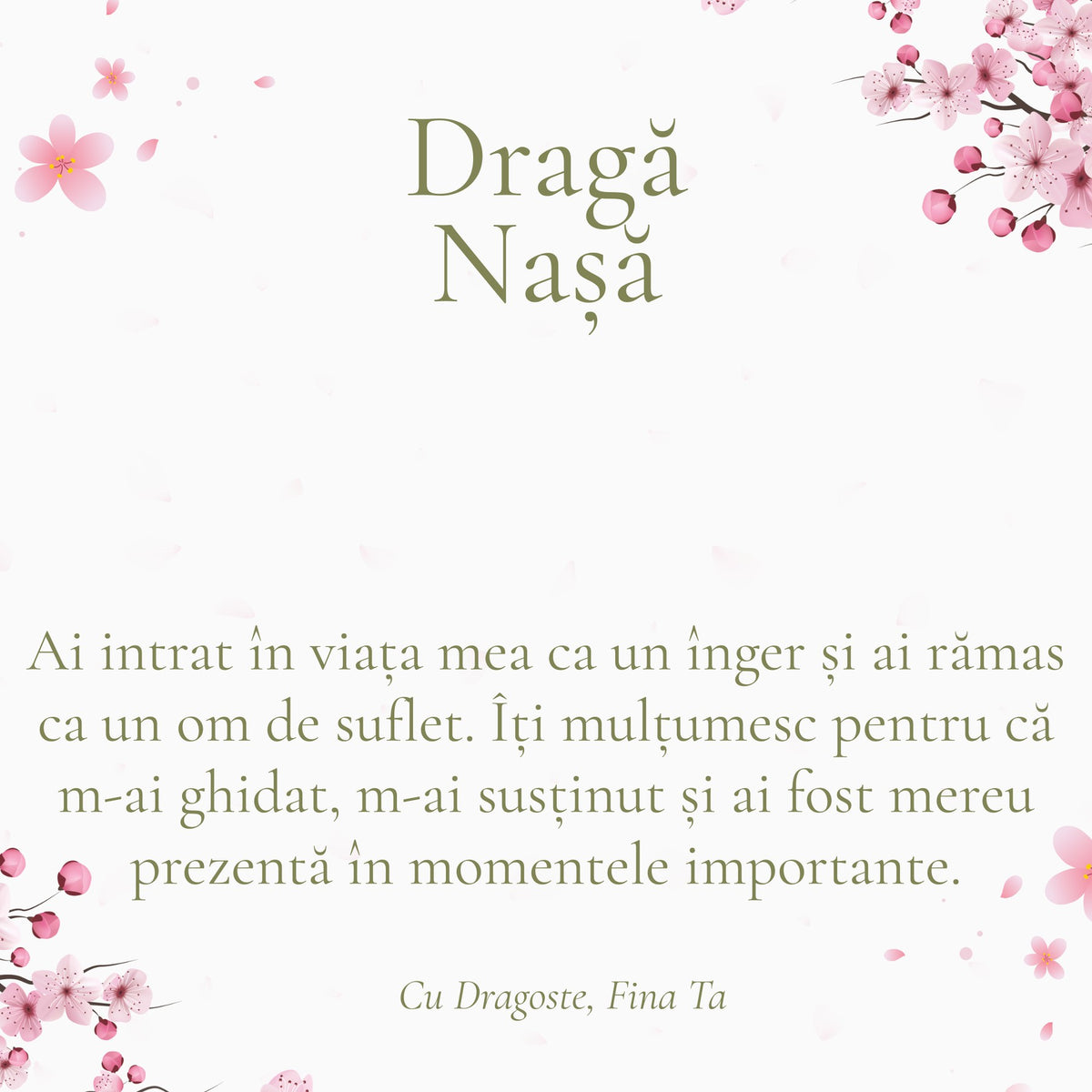 Cardul cu mesaj pentru Nașa Mea, din partea Finei (pătrat)