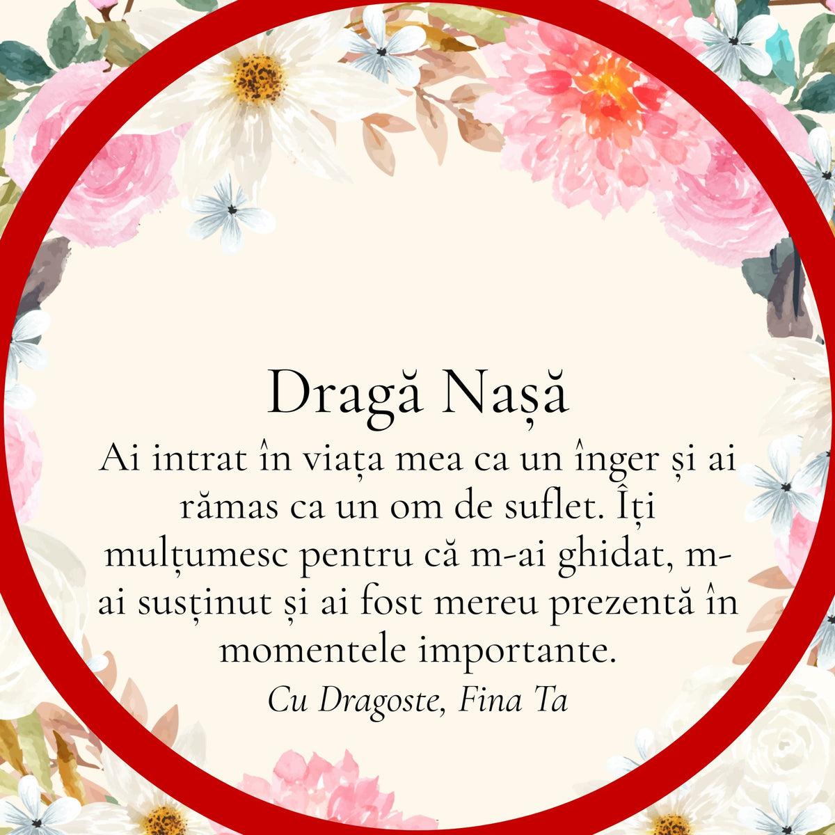 Cardul cu mesaj pentru Nașa Mea, din partea Finei (rotund)