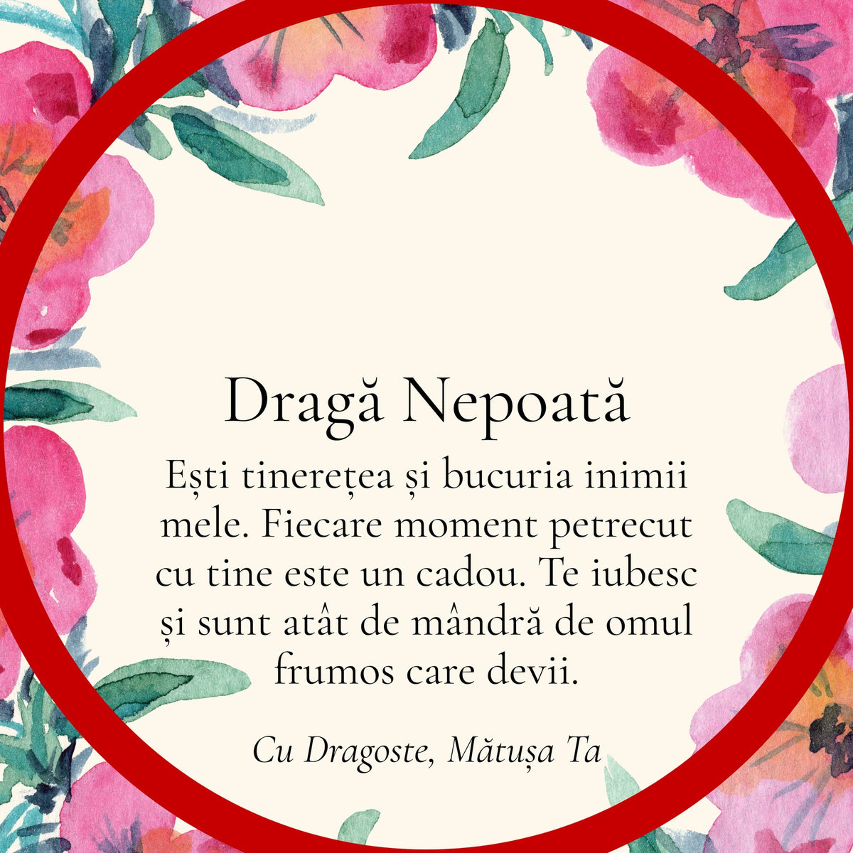Cardul cu mesaj pentru Nepoata Mea, din partea Mătușii (rotund)