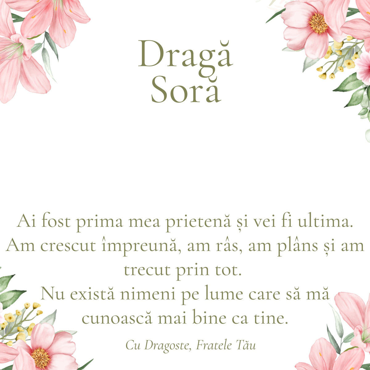 Cardul cu mesaj pentru Sora Mea, din partea Fratelui (pătrat)