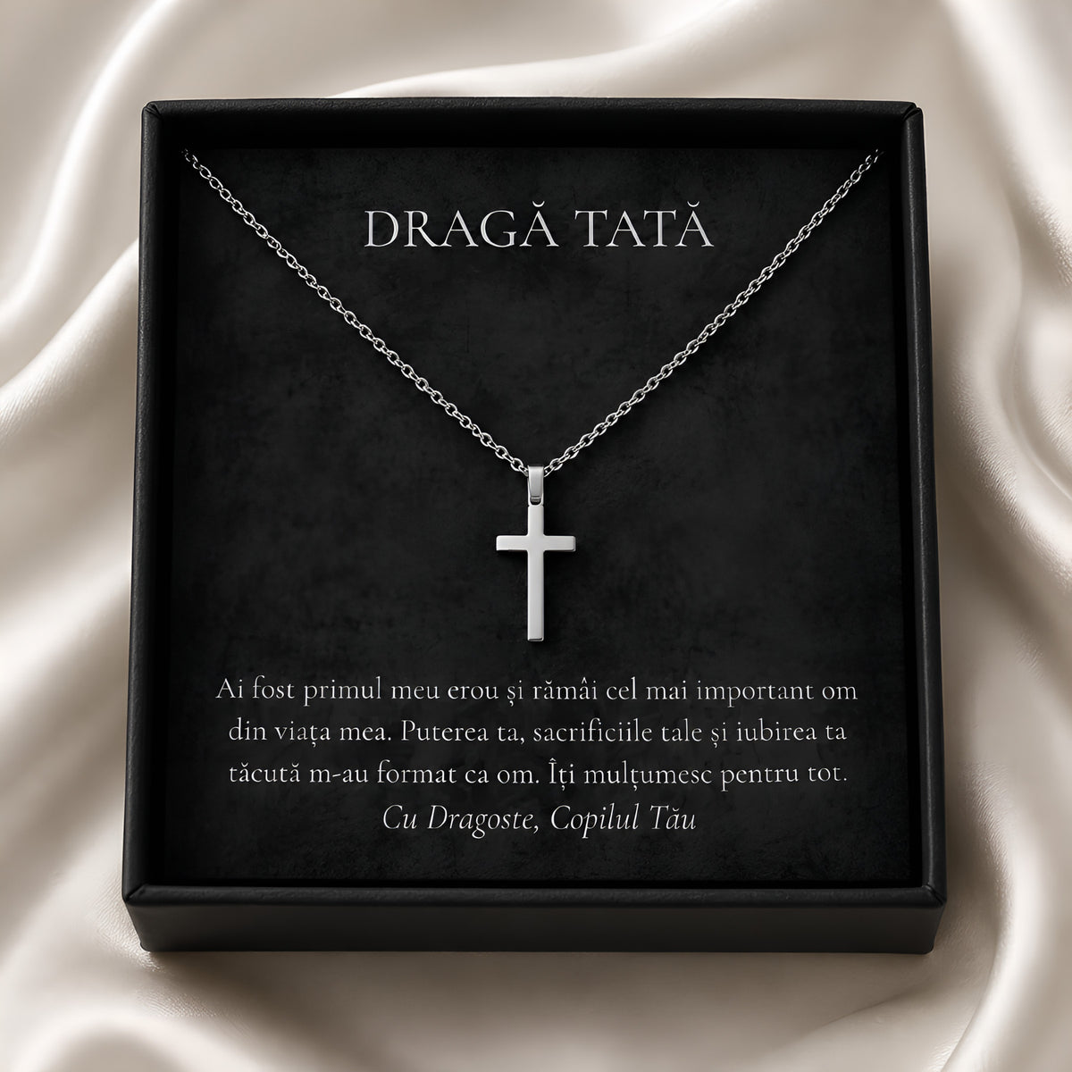 Cutie cadou neagră cu lănțișor Cruce clasică și card „Dragă Tată”