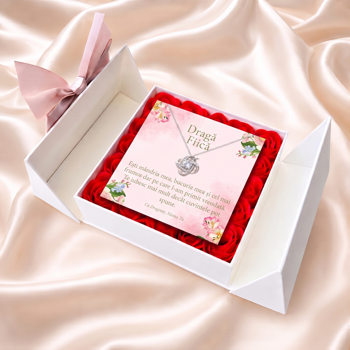 Cutie florală albă deschisă cu lănțișorul Nodul iubirii și cardul „Dragă Fiică”, pe satin crem