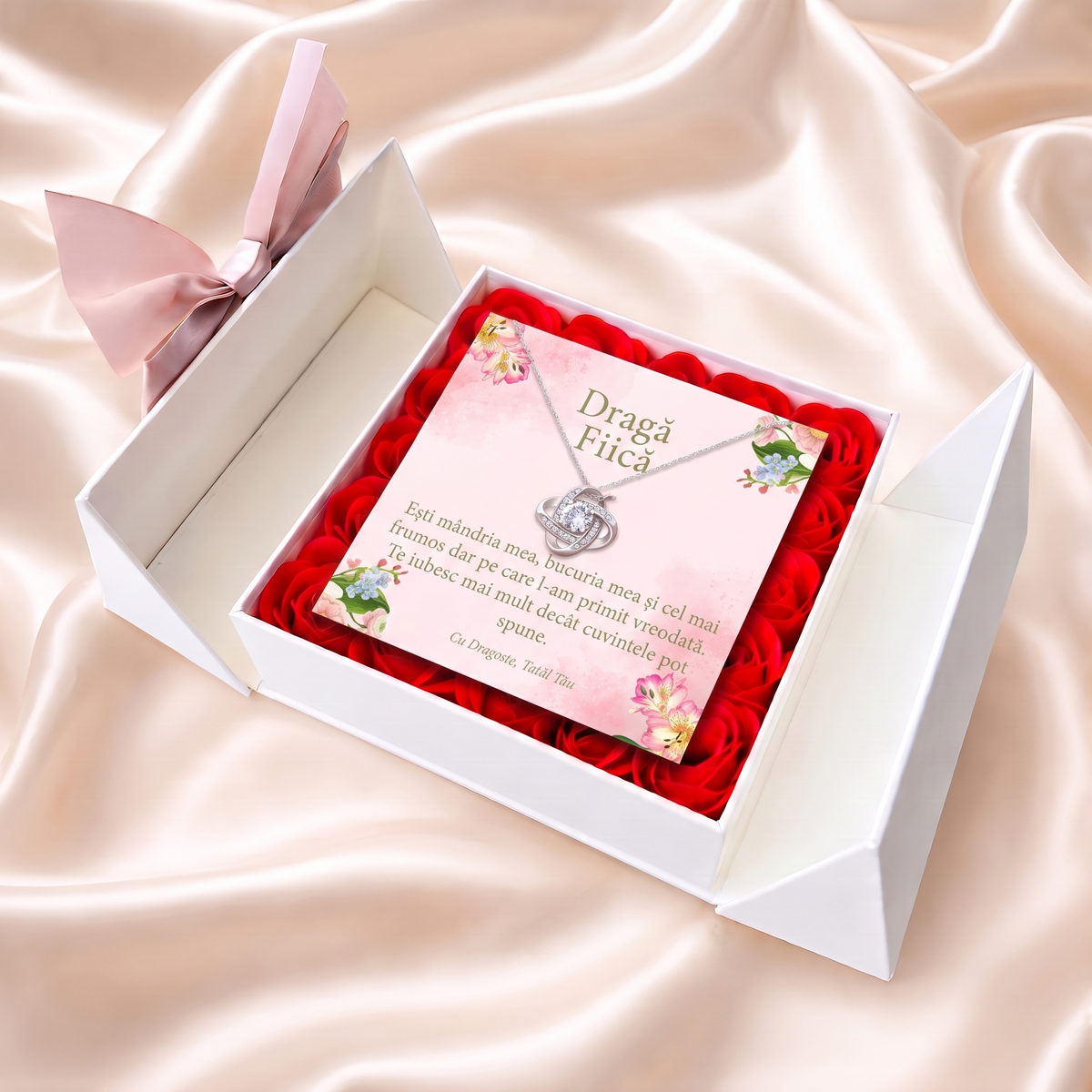 Cutie florală albă deschisă cu lănțișorul Nodul iubirii și cardul „Dragă Fiică”, pe satin crem